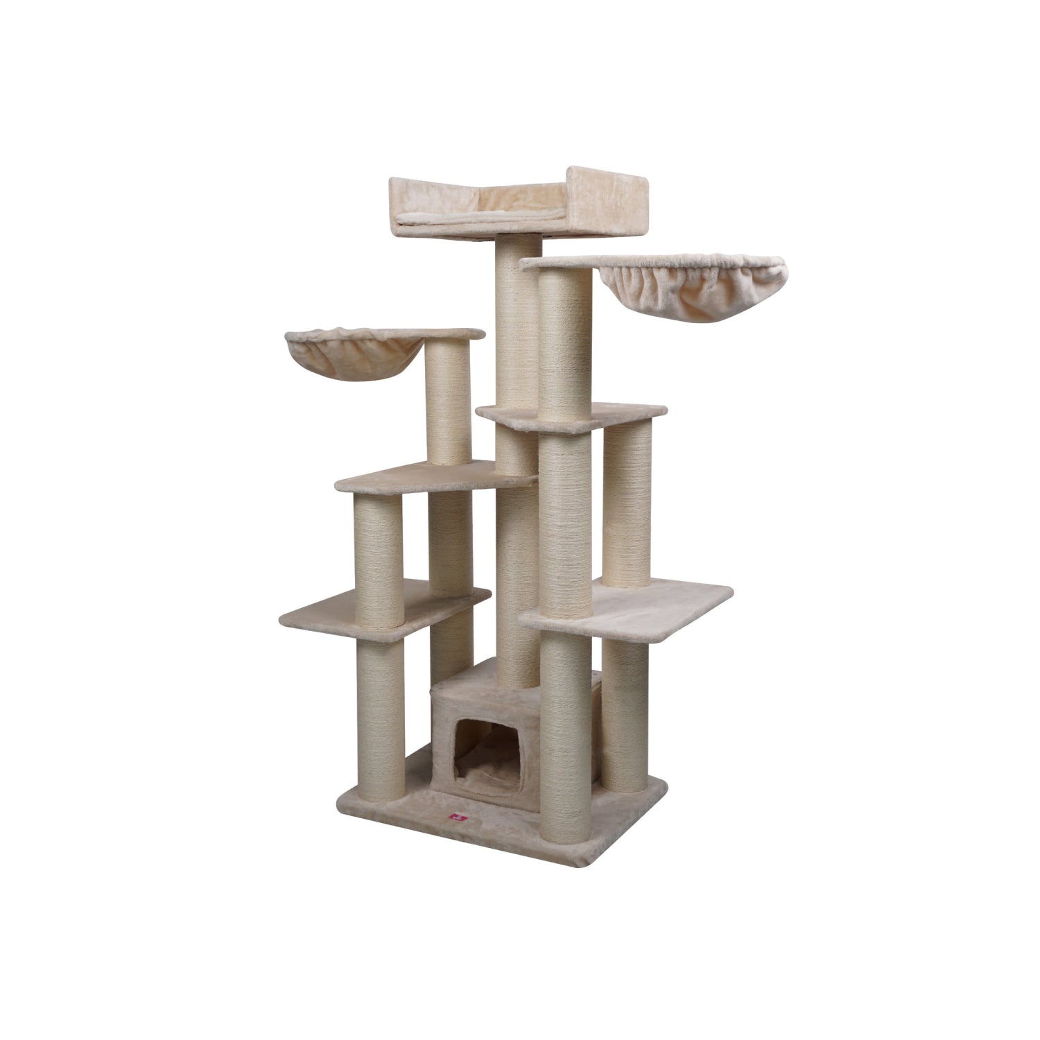 Beige cat tree with multiple levels and perches on a white background at Pet Servo