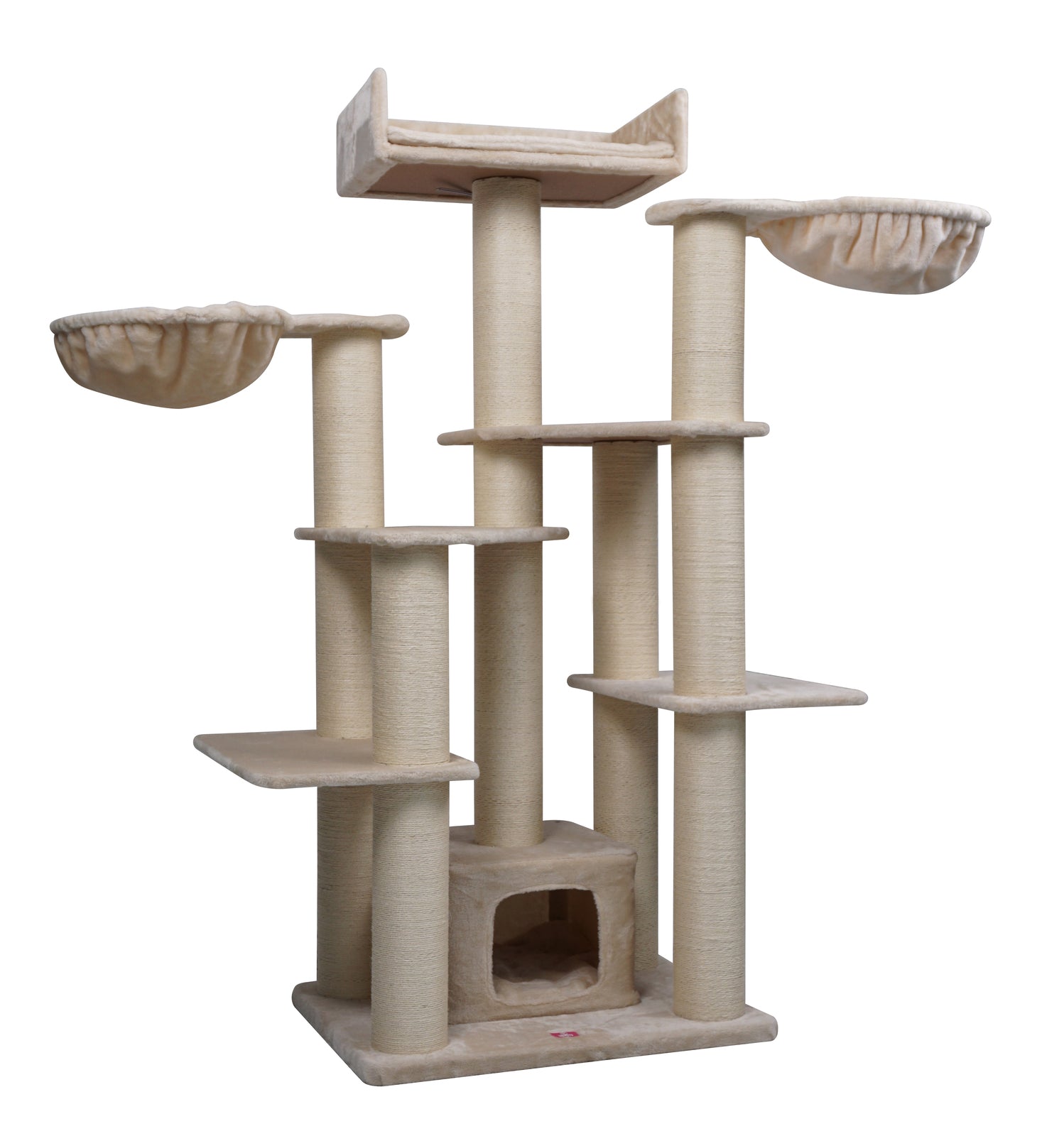 Beige cat tree with multiple levels and perches on a white background at Pet Servo