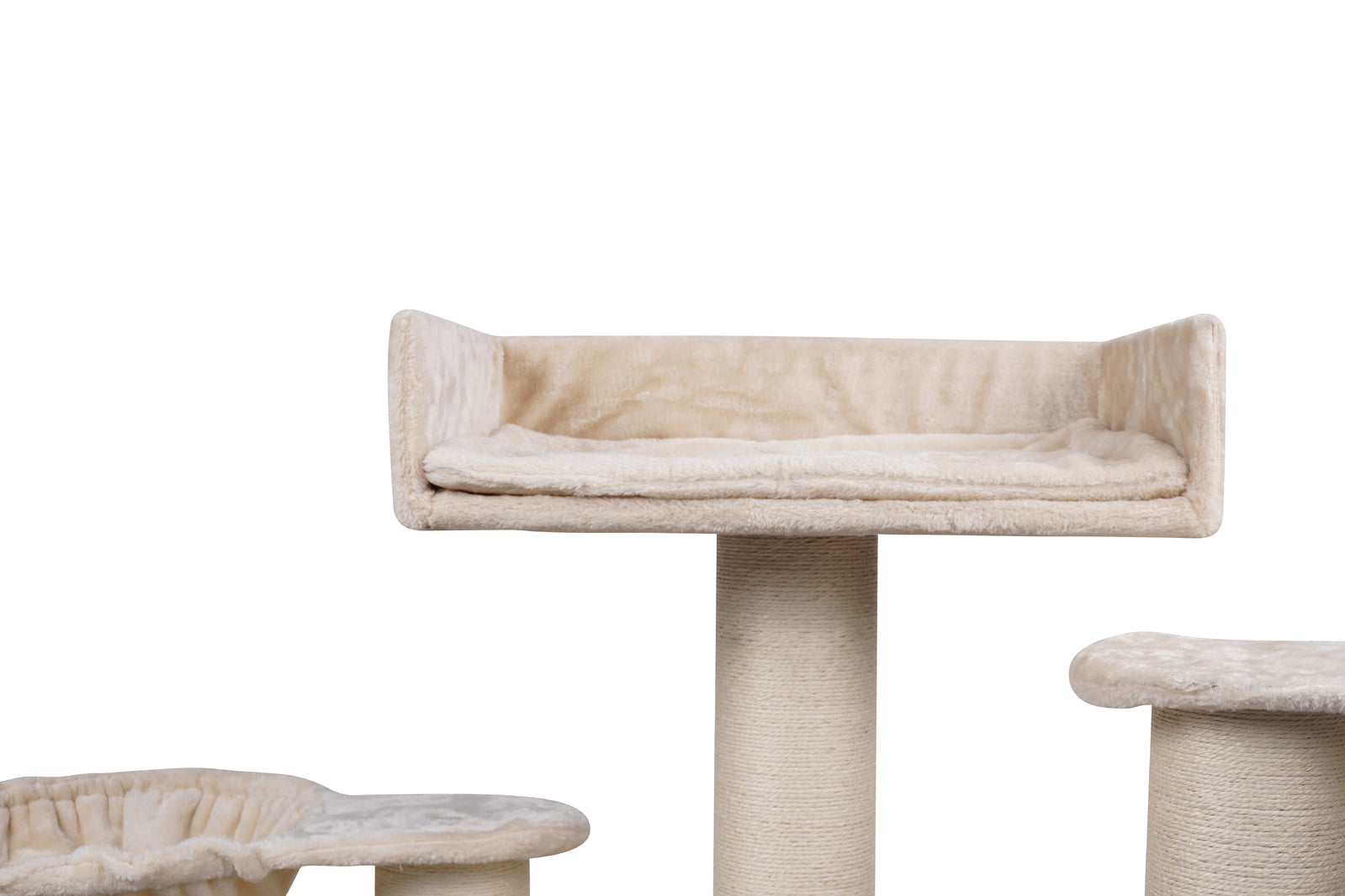 Beige cat tree with multiple levels on a white background at Pet Servo