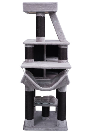 Cat tree with multiple levels and a hammock on a white background at Pet Servo