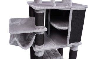 Gray cat tree with multiple levels, platforms, and scratching posts on a white background at Pet Servo
