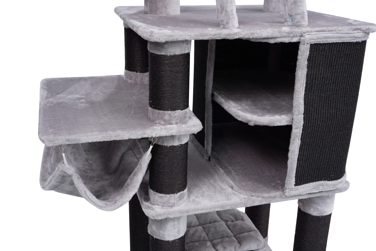 A gray plush cat tree with multiple levels, including a top platform, a hanging hammock, a central enclosed cubby, and wrapped scratching posts, shown against a plain white background at Pet Servo