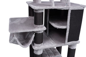 A gray plush cat tree with multiple levels, including a top platform, a hanging hammock, a central enclosed cubby, and wrapped scratching posts, shown against a plain white background at Pet Servo