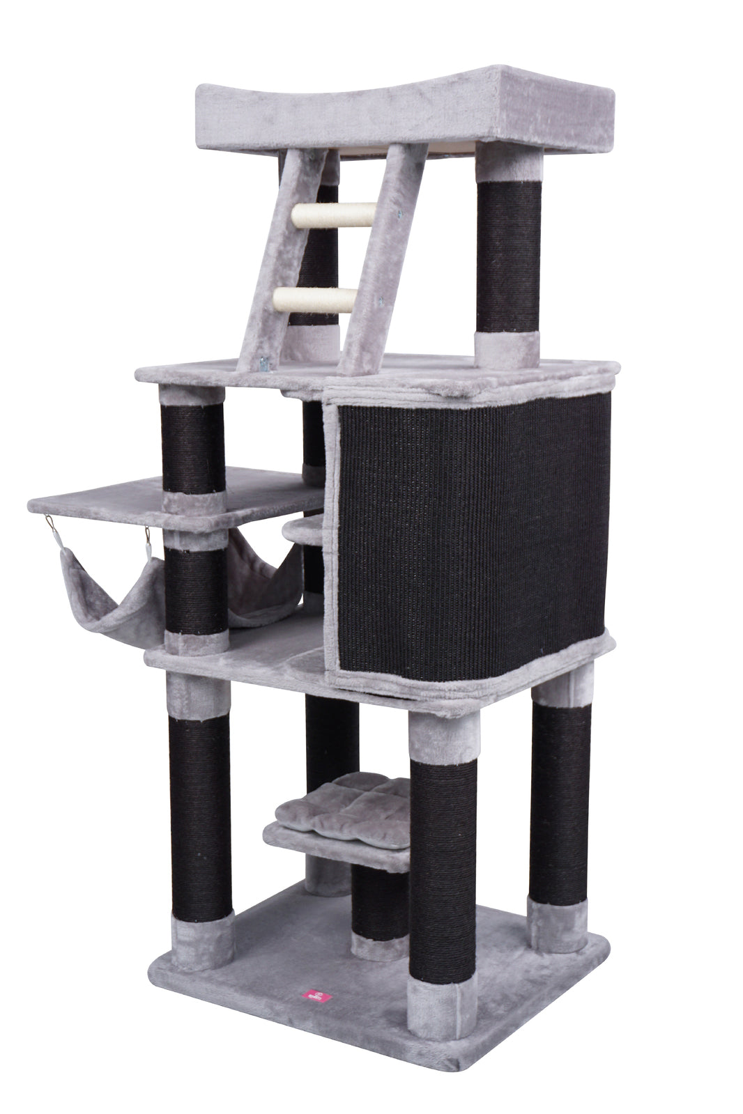 Cat tree with multiple levels and cylindrical posts on a white background at Pet Servo