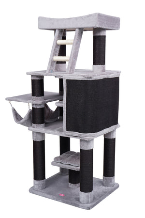 Cat tree with multiple levels and cylindrical posts on a white background at Pet Servo