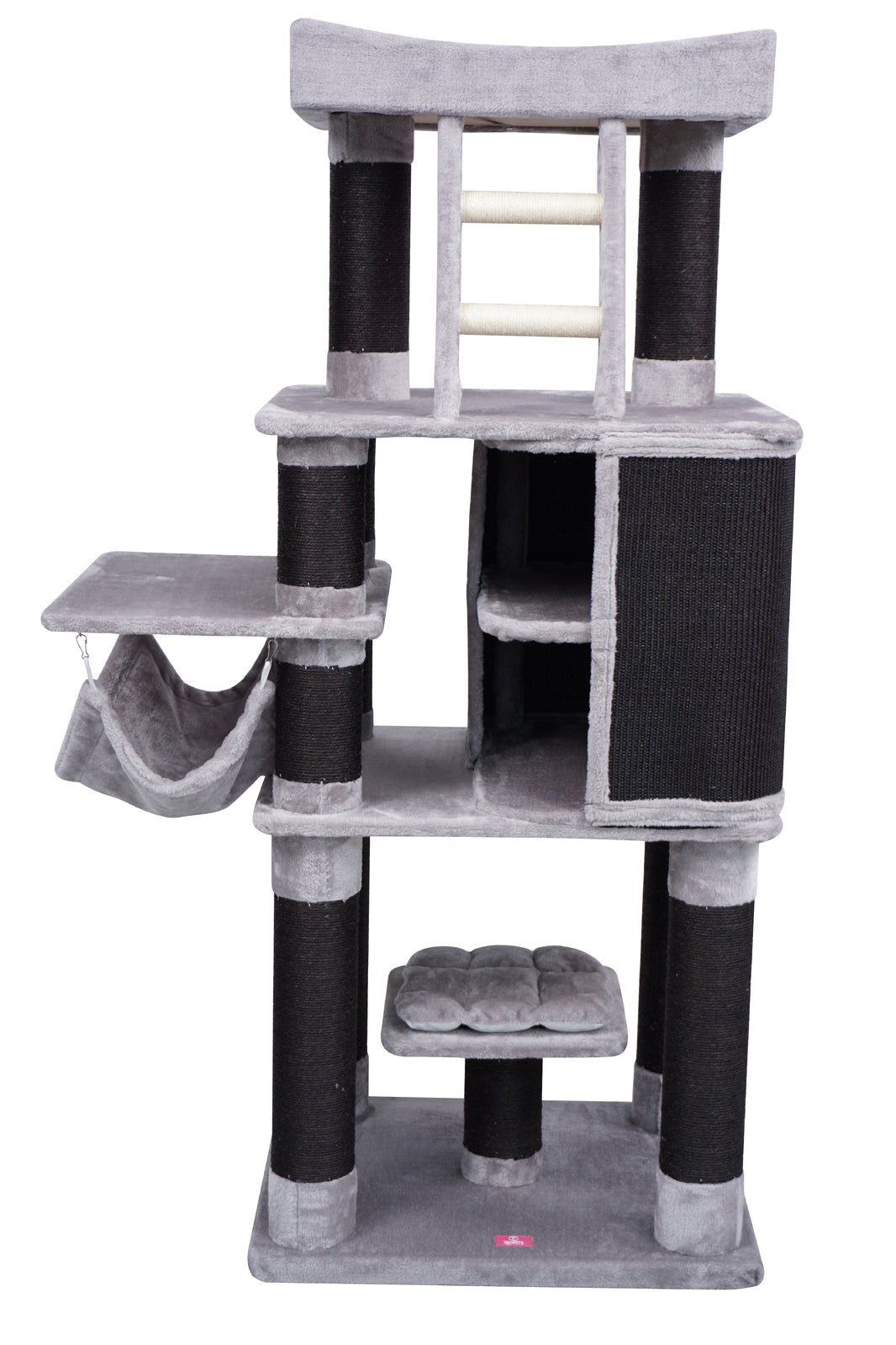 Cat tree with multiple levels, platforms, and scratching posts on a white background at Pet Servo