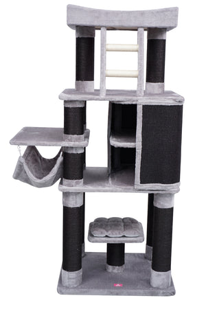 Cat tree with multiple levels, platforms, and scratching posts on a white background at Pet Servo