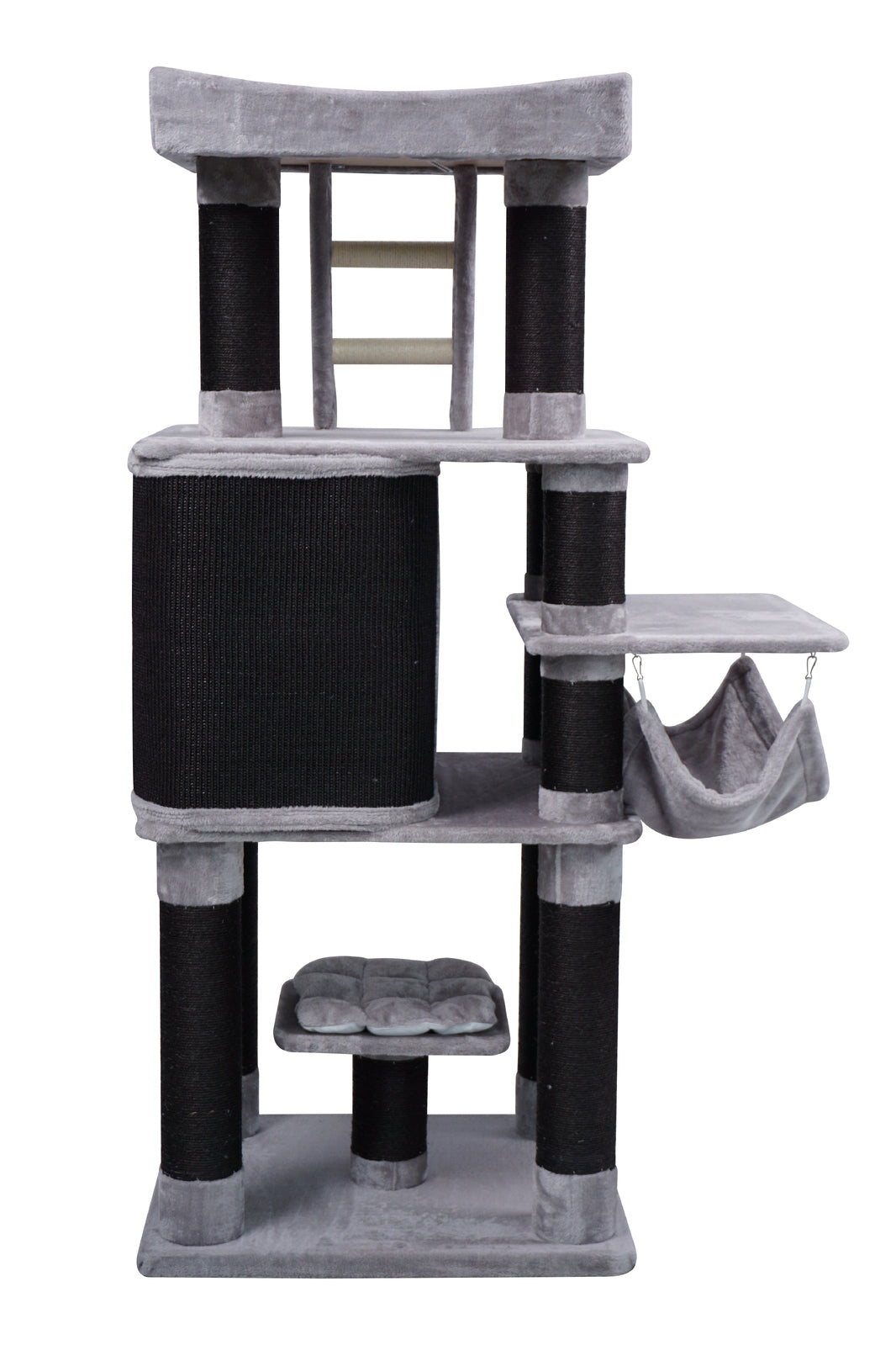 Multilevel cat tree with platforms, a ladder, and a hanging hammock on a white background at Pet Servo