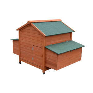 A wooden chicken coop with a reddish-brown wood-plank exterior and textured green roofs, shown on a plain white background at Pet Servo