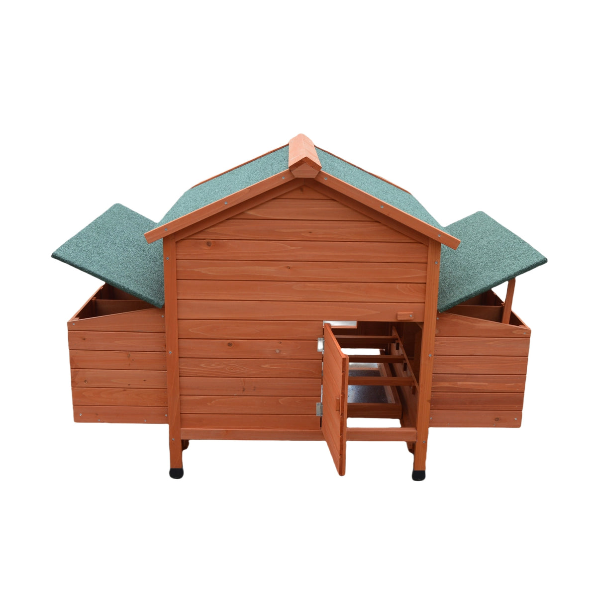A wooden multi-level pet playhouse or coop with a reddish-brown wood finish, green textured roofs, and an open front door showing an interior staircase, isolated on a white background at Pet Servo