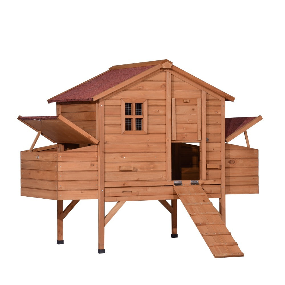 Wooden chicken coop with a red roof on a white background at Pet Servo