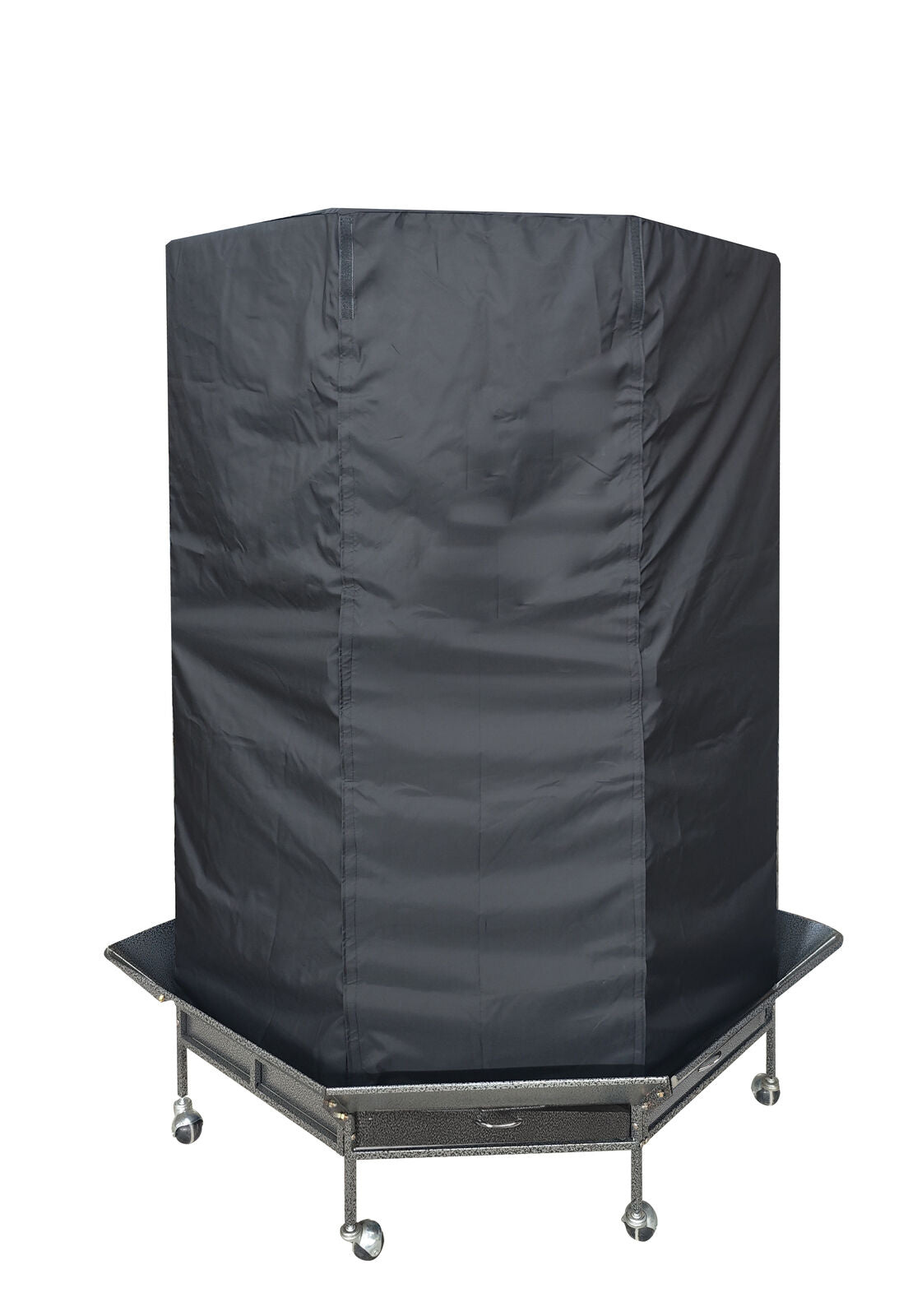Black garment cover on a hexagonal stand with wheels on a white background at Pet Servo