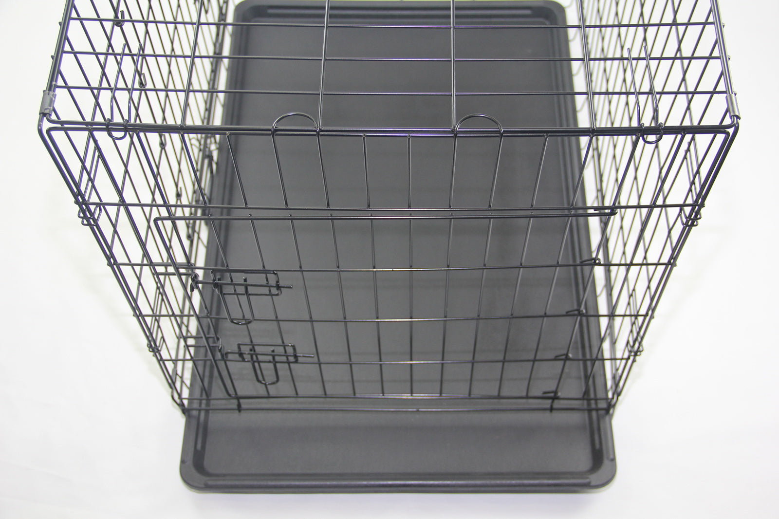 Black wire pet cage with a solid base on a white background at Pet Servo