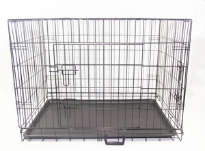 Black metal pet crate with a gray tray on a white background at Pet Servo
