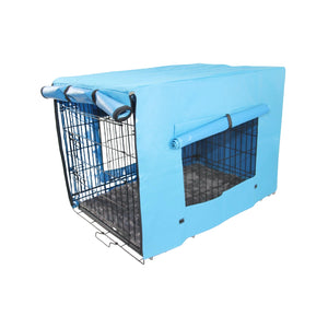 A light blue fabric-covered pet crate with black wire sides and a black mesh window, shown on a plain white background at Pet Servo