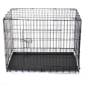 Black metal pet crate with a black tray on a white background at Pet Servo