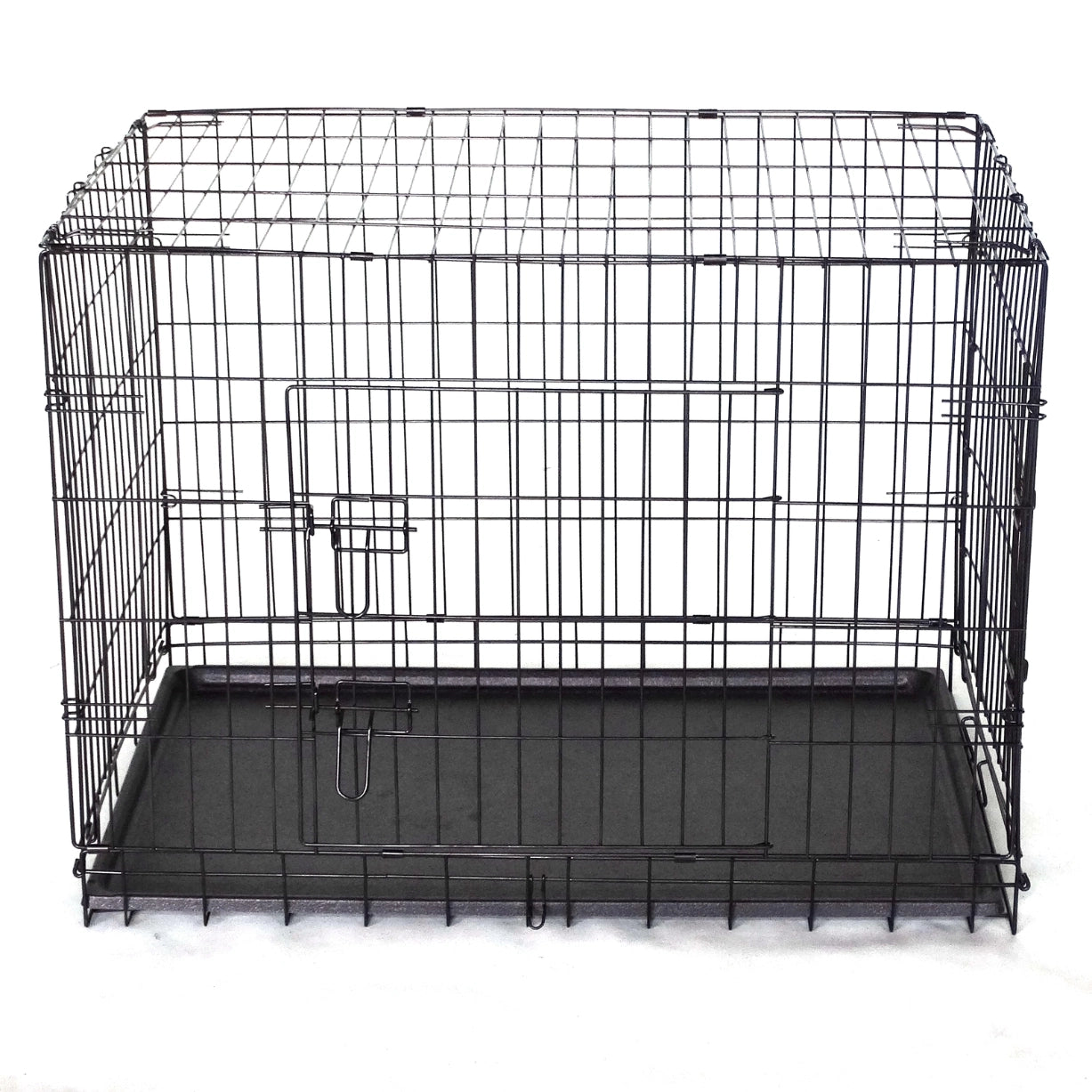 A black metal wire dog crate with a solid black plastic bottom tray, shown on a plain white background at Pet Servo