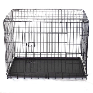 A black metal wire dog crate with a solid black plastic bottom tray, shown on a plain white background at Pet Servo
