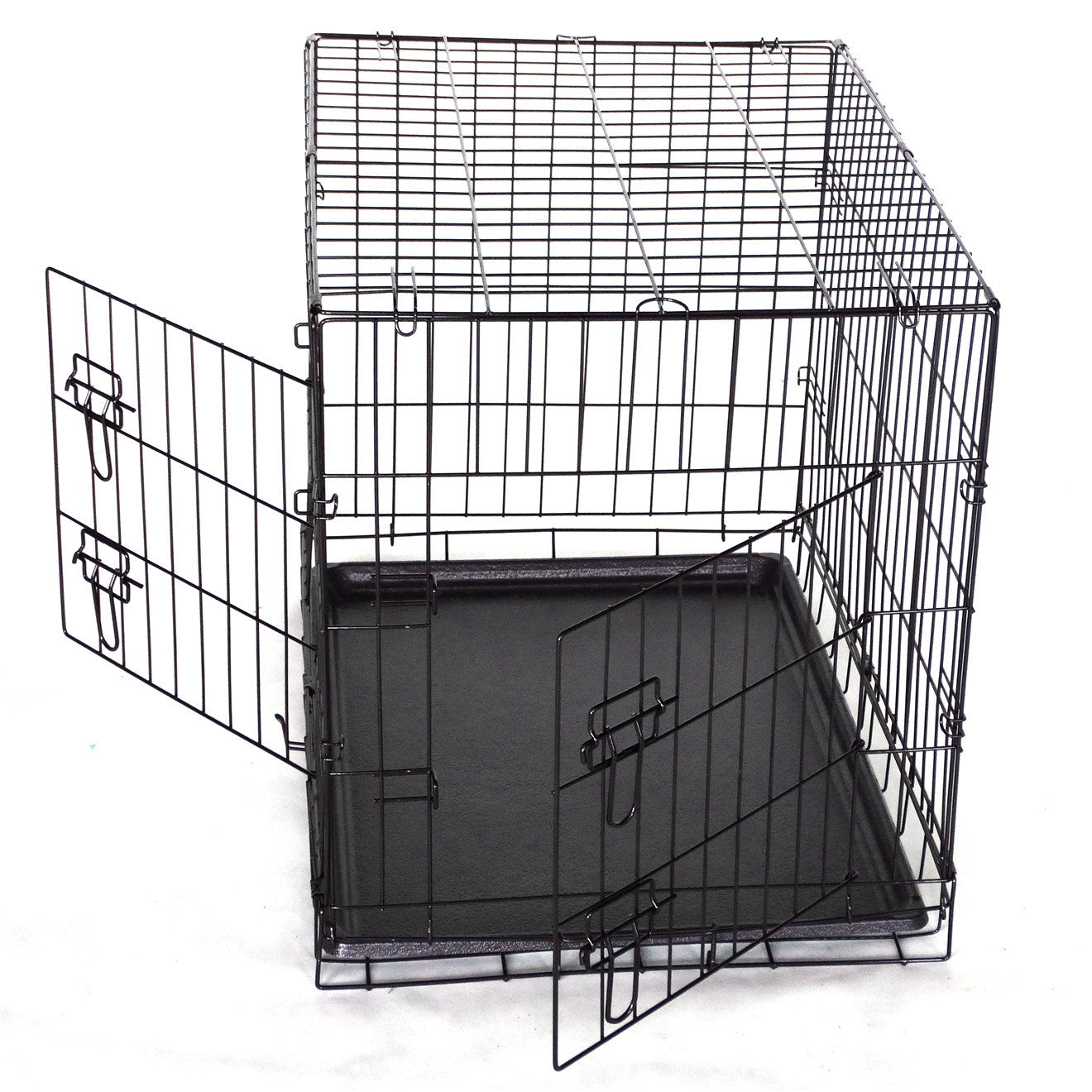 Black metal pet crate with a tray on a white background at Pet Servo