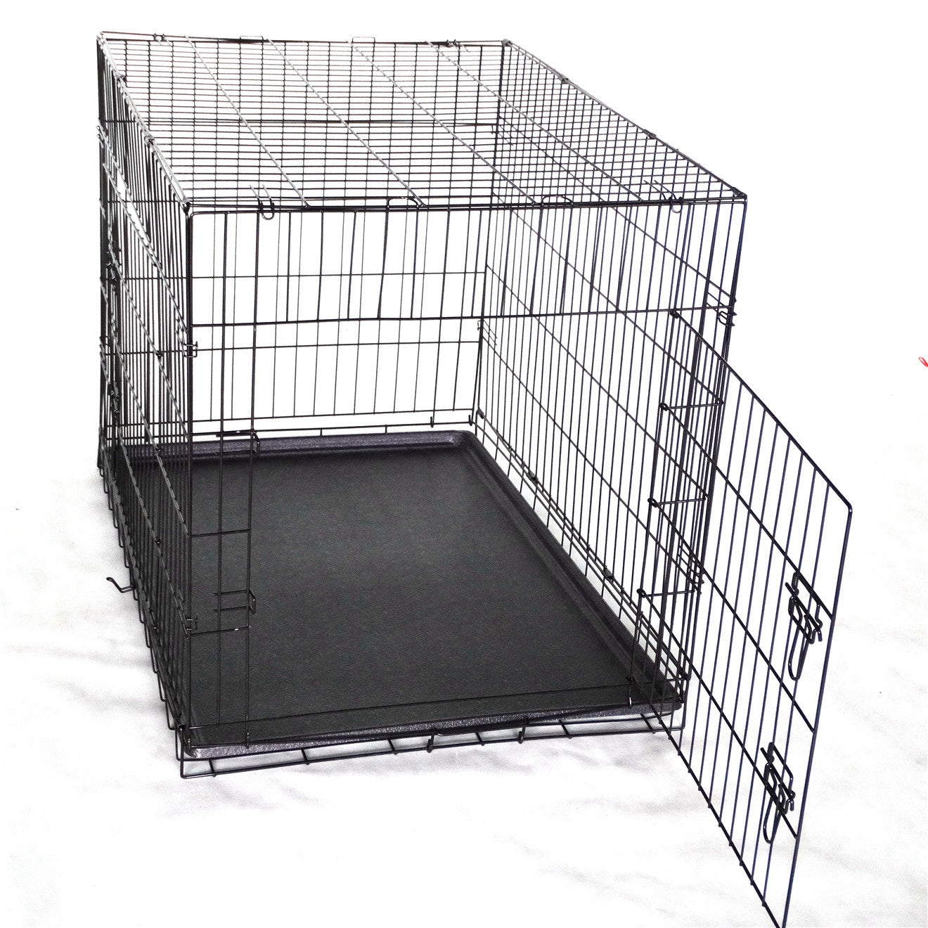 Black metal pet crate with a black mat on a white background at Pet Servo
