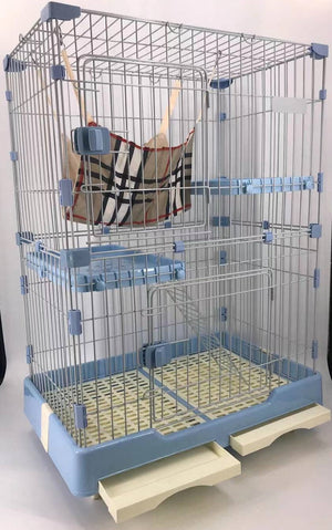 Pet cage with multiple levels and a hanging toy on a white background at Pet Servo