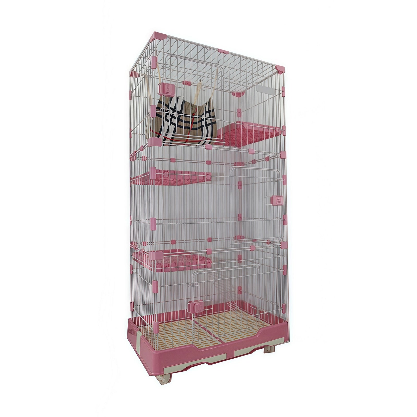 A tall multi-level small animal cage with a pink and white wire design, featuring three pink platforms, a hanging black-and-white checkered hammock, and a pink plastic tray at the bottom at Pet Servo