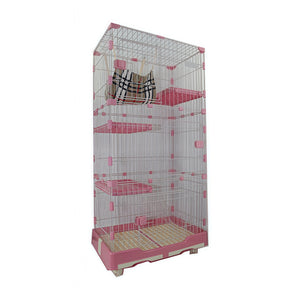 A tall multi-level small animal cage with a pink and white wire design, featuring three pink platforms, a hanging black-and-white checkered hammock, and a pink plastic tray at the bottom at Pet Servo