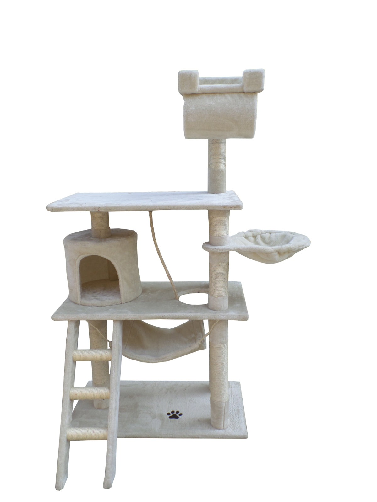 Beige cat tree with multiple levels and a platform on a white background at Pet Servo