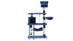 Blue and white cat tree with multiple levels and a hammock on a white background at Pet Servo
