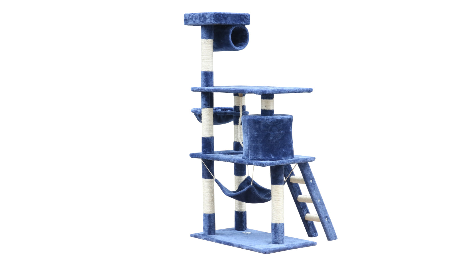 Blue and white cat tree on a white background at Pet Servo