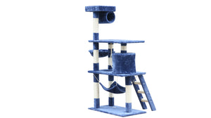 Blue and white cat tree on a white background at Pet Servo