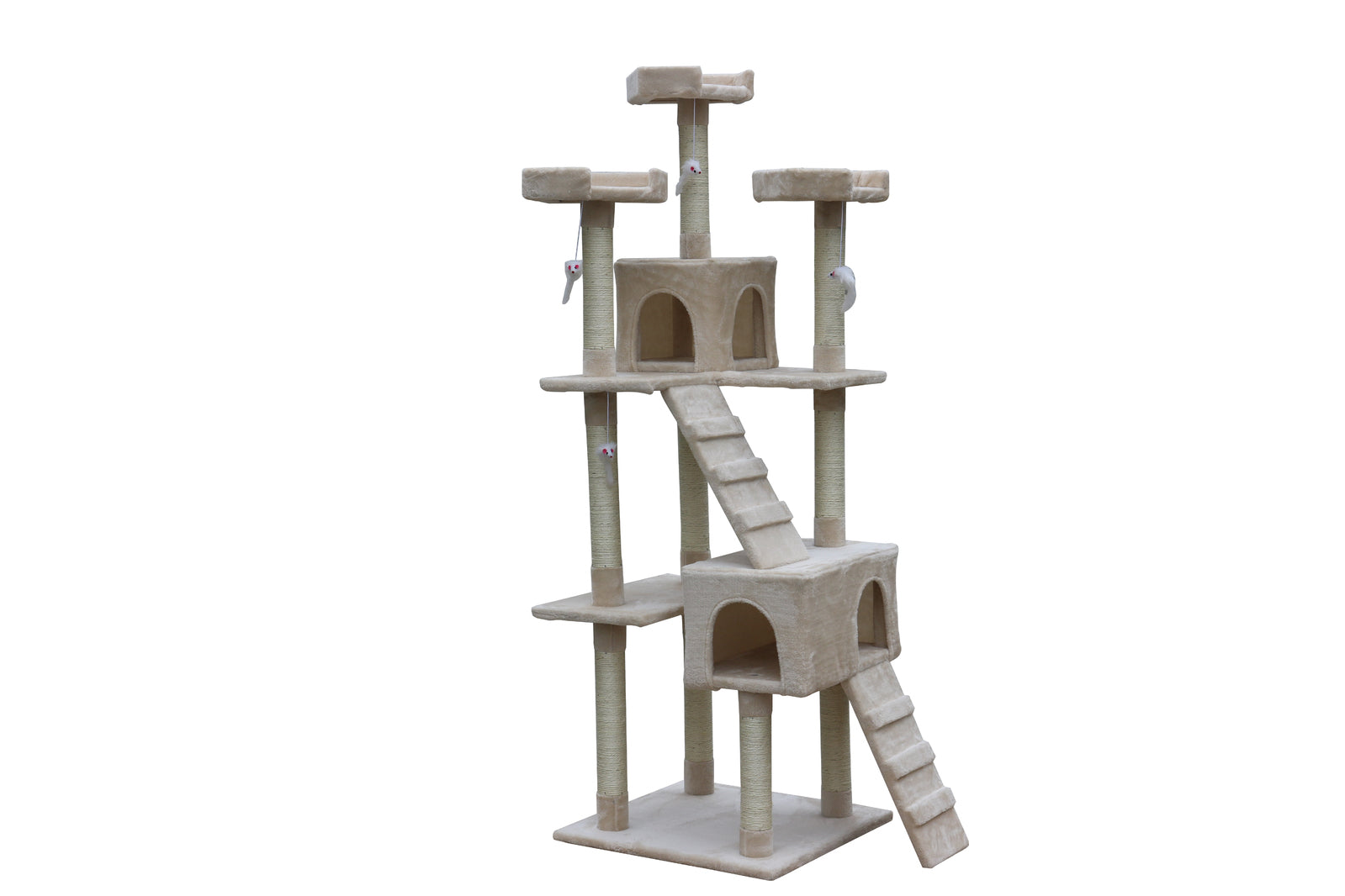 Cat tree with multiple levels and a ladder on a white background at Pet Servo