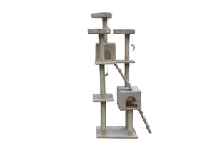 Cat tree with multiple levels and a hanging toy on a white background at Pet Servo