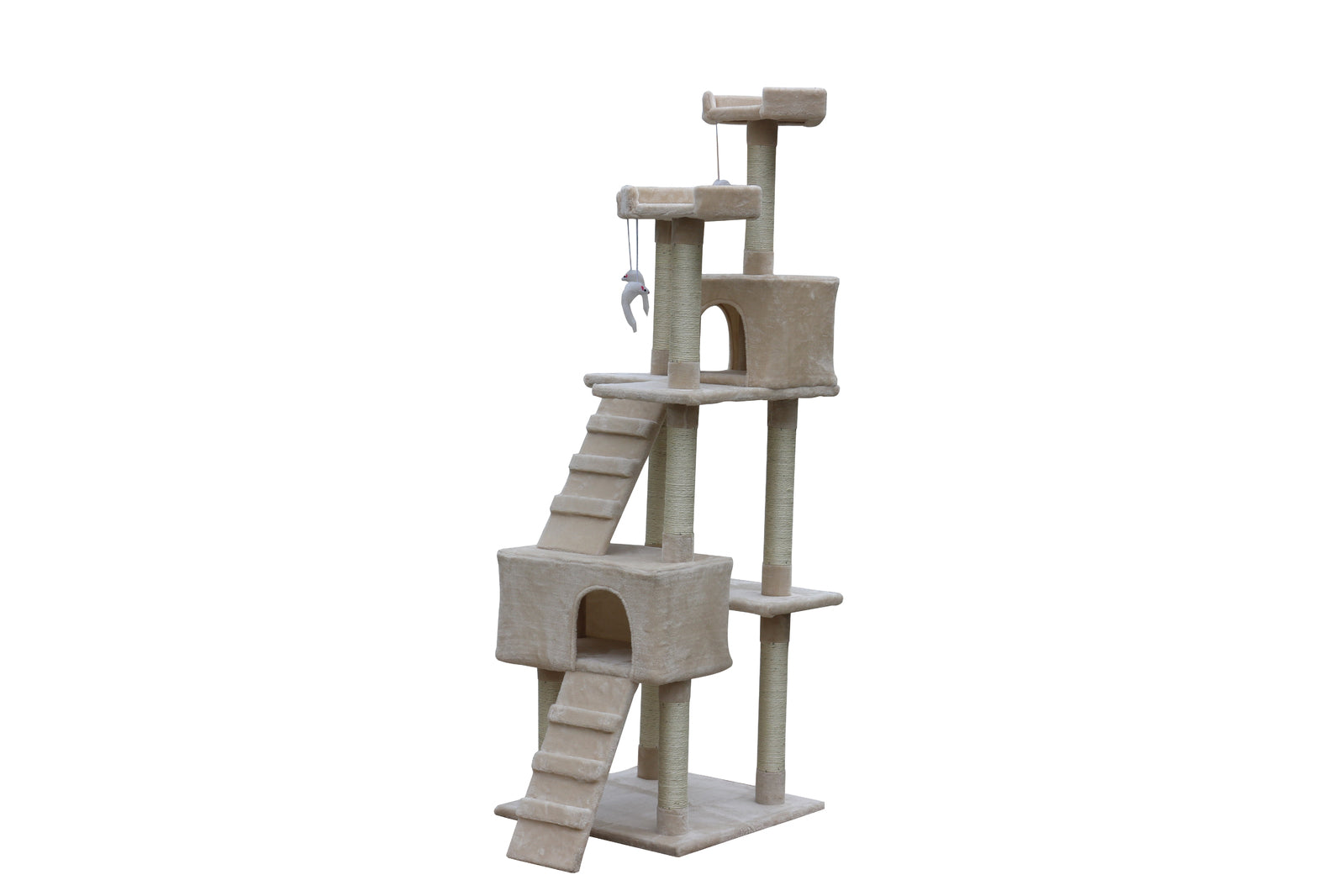 Cat tree with multiple levels and a hanging toy on a white background at Pet Servo