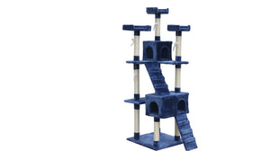 Blue and white cat tree with multiple levels and hiding spots on a white background at Pet Servo