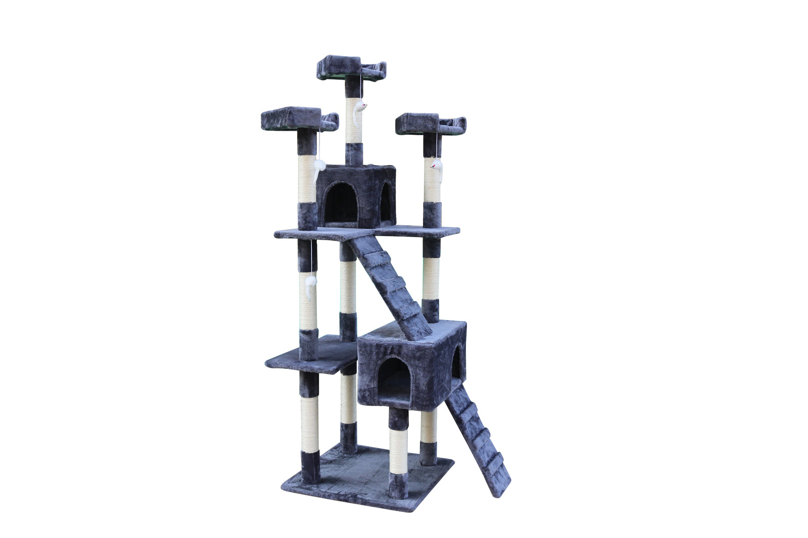 Cat tree with multiple levels, platforms, and a climbing ladder on a white background at Pet Servo