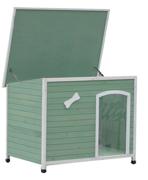 Green pet house with a bone design on a white background at Pet Servo