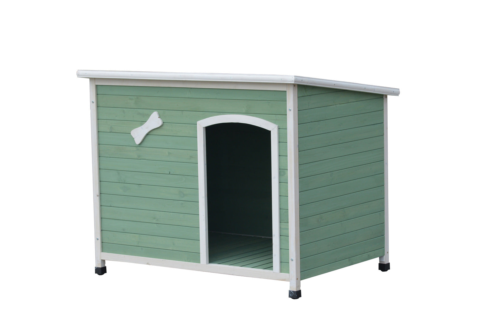 Green dog house with a white roof on a white background at Pet Servo