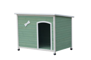 Green dog house with a white roof on a white background at Pet Servo