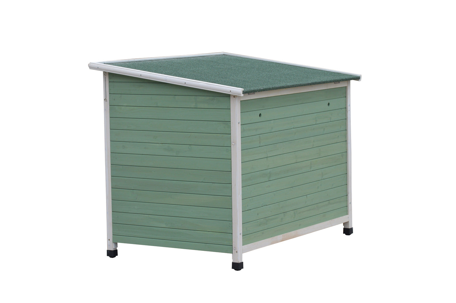 Green outdoor storage box with a white base on a white background at Pet Servo