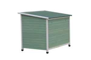 Green outdoor storage box with a white base on a white background at Pet Servo