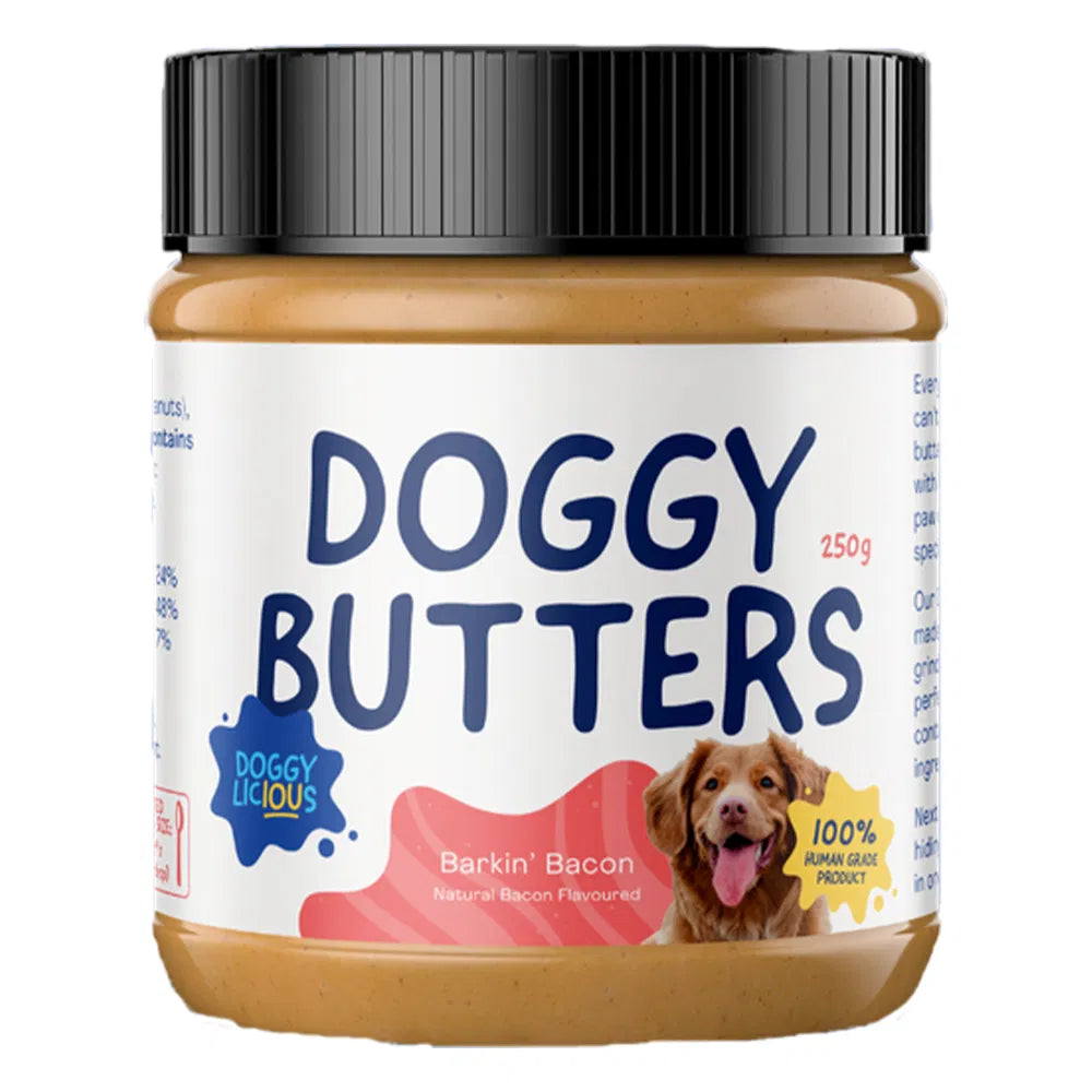 Jar of Doggy Butters Barkin' Bacon flavor 250 gm on a white background at Pet Servo