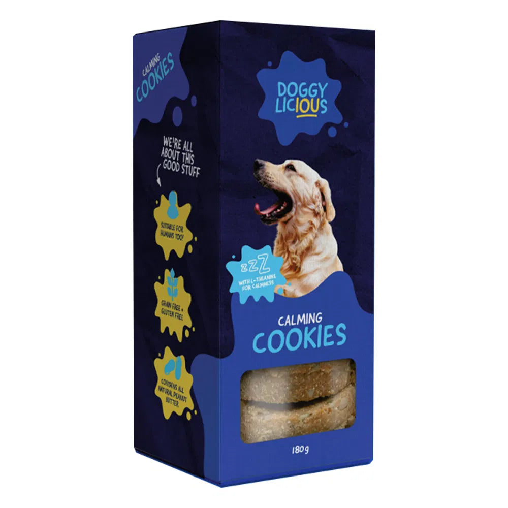 Box of Doggy Licious calming cookies 180 gm with a dog on the packaging at Pet Servo