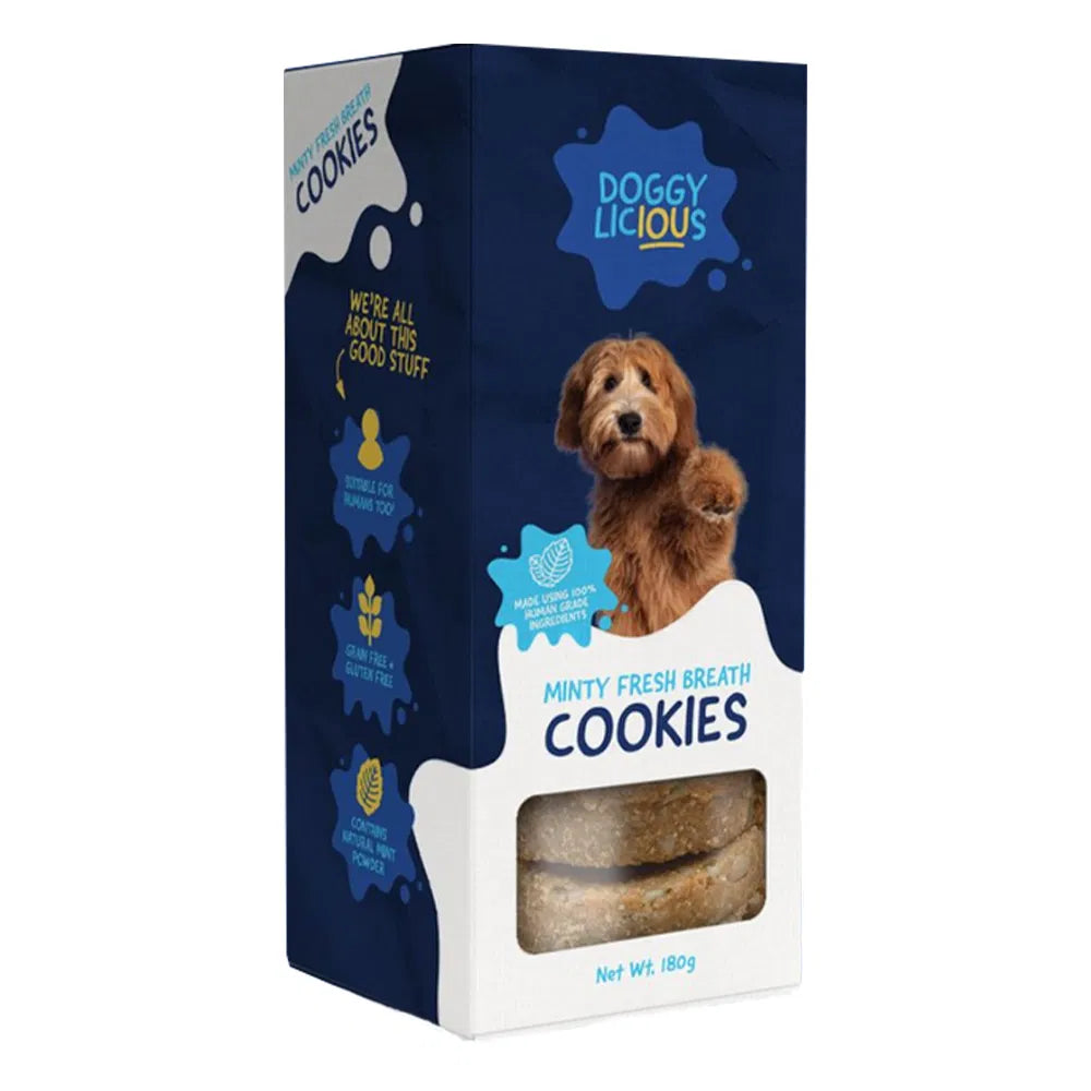 Doggy Licious minty fresh breath cookies packaging on a white background