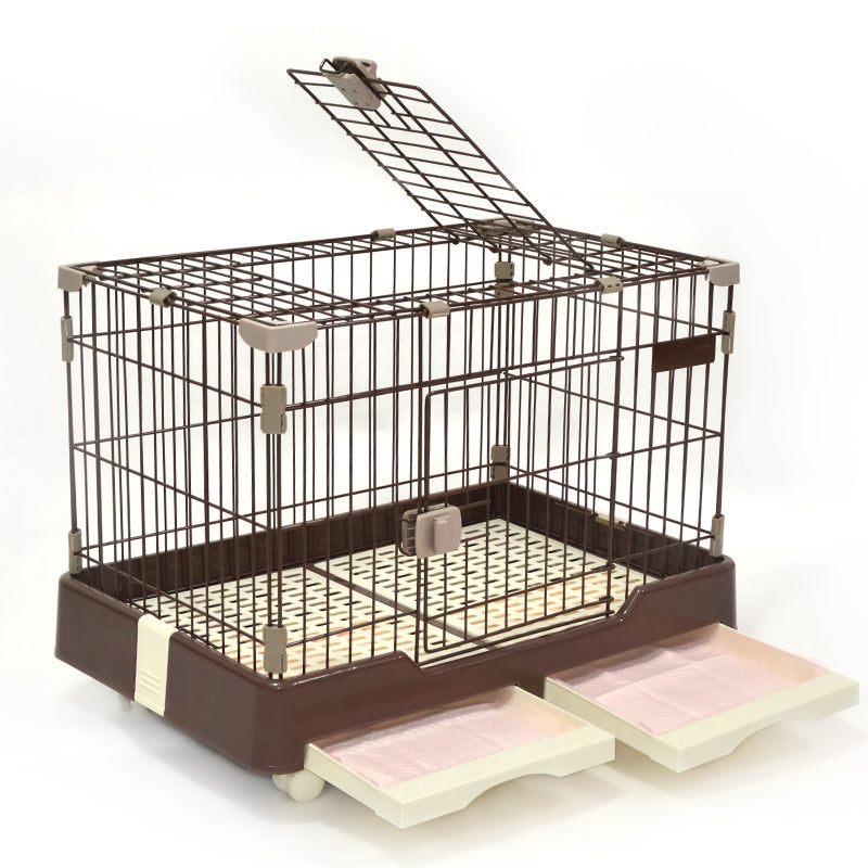Pet cage with brown base and wire top on a white background at Pet Servo