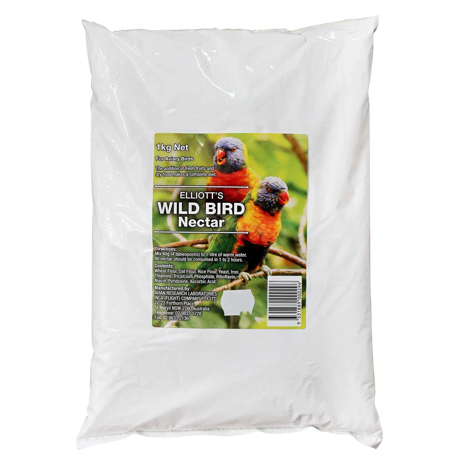 White bag of Elliott's Wild Bird Nectar with a label featuring birds on a white background