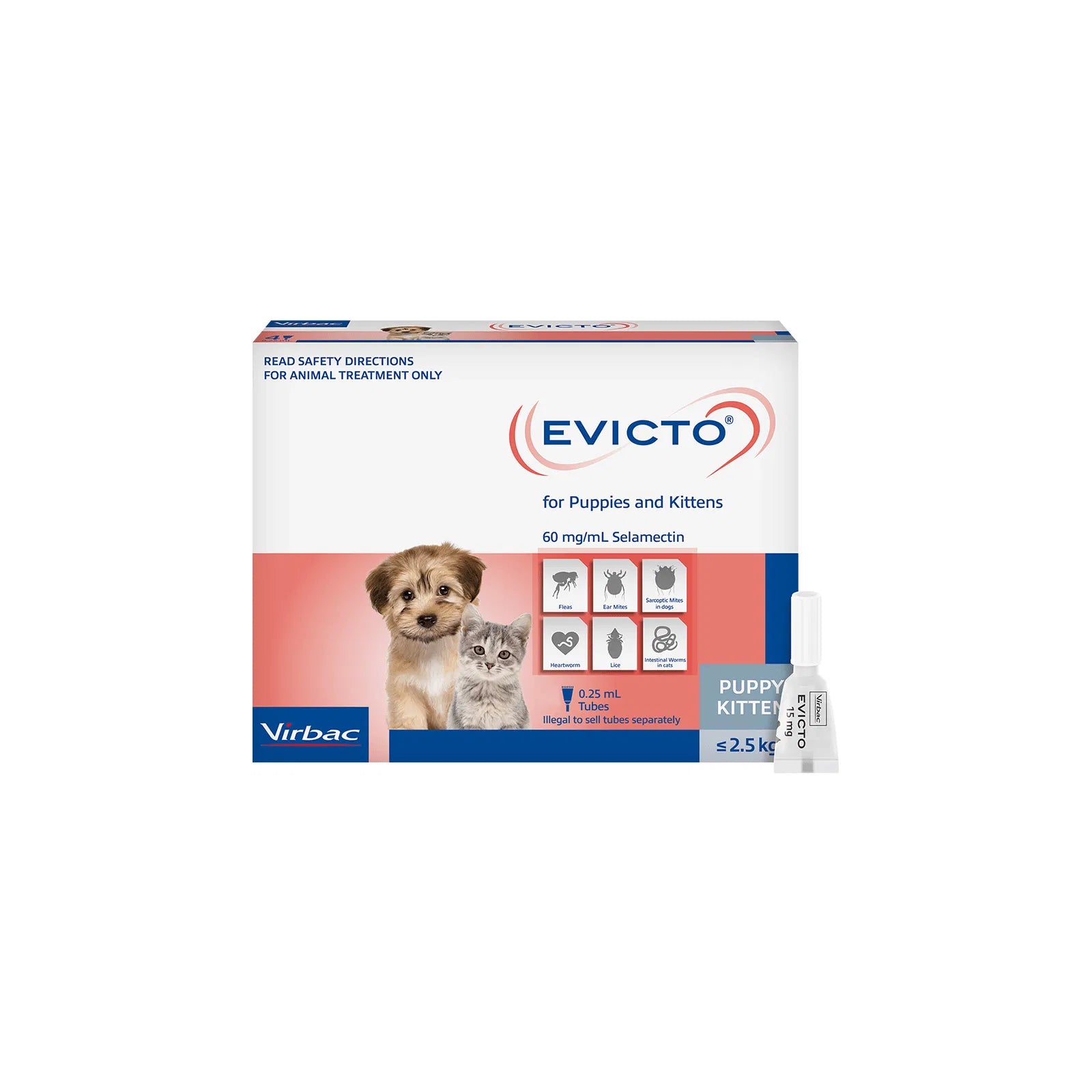 Box of Evicto for puppies and kittens with images of a dog and cat on a white background at Pet Servo