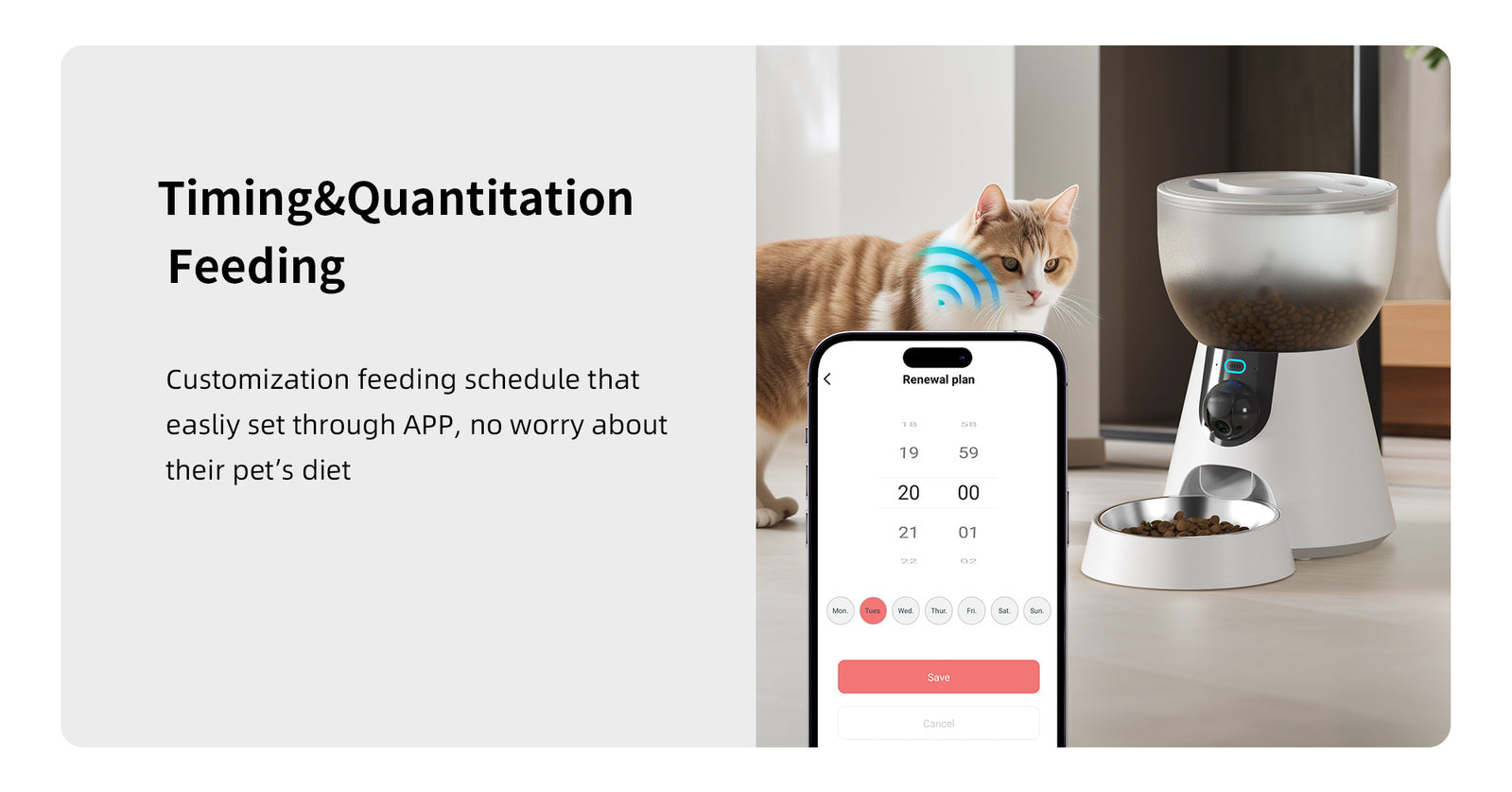 Pet feeder with smartphone app interface and cat on a light background at Pet Servo