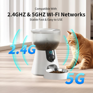 Smart pet feeder with a cat next to it, featuring text about Wi-Fi compatibility at Pet Servo