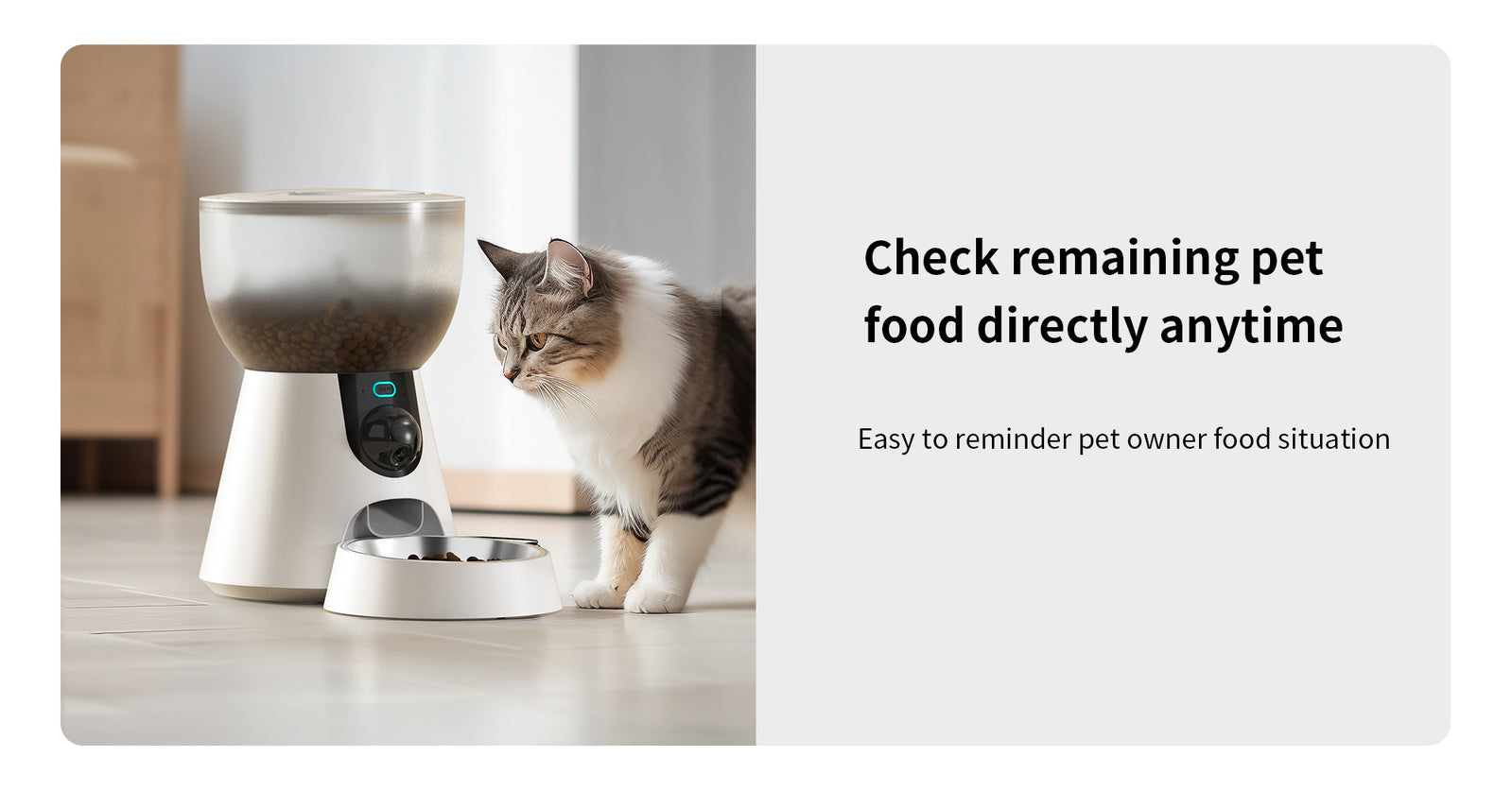 Cat standing next to a smart pet feeder with text about checking remaining pet food at Pet Servo